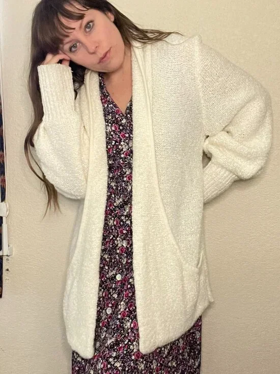 Vintage 80s White Chunky Knit Cardigan Slouchy Open Front Sweater | Size M-XL - Picture 1 of 11